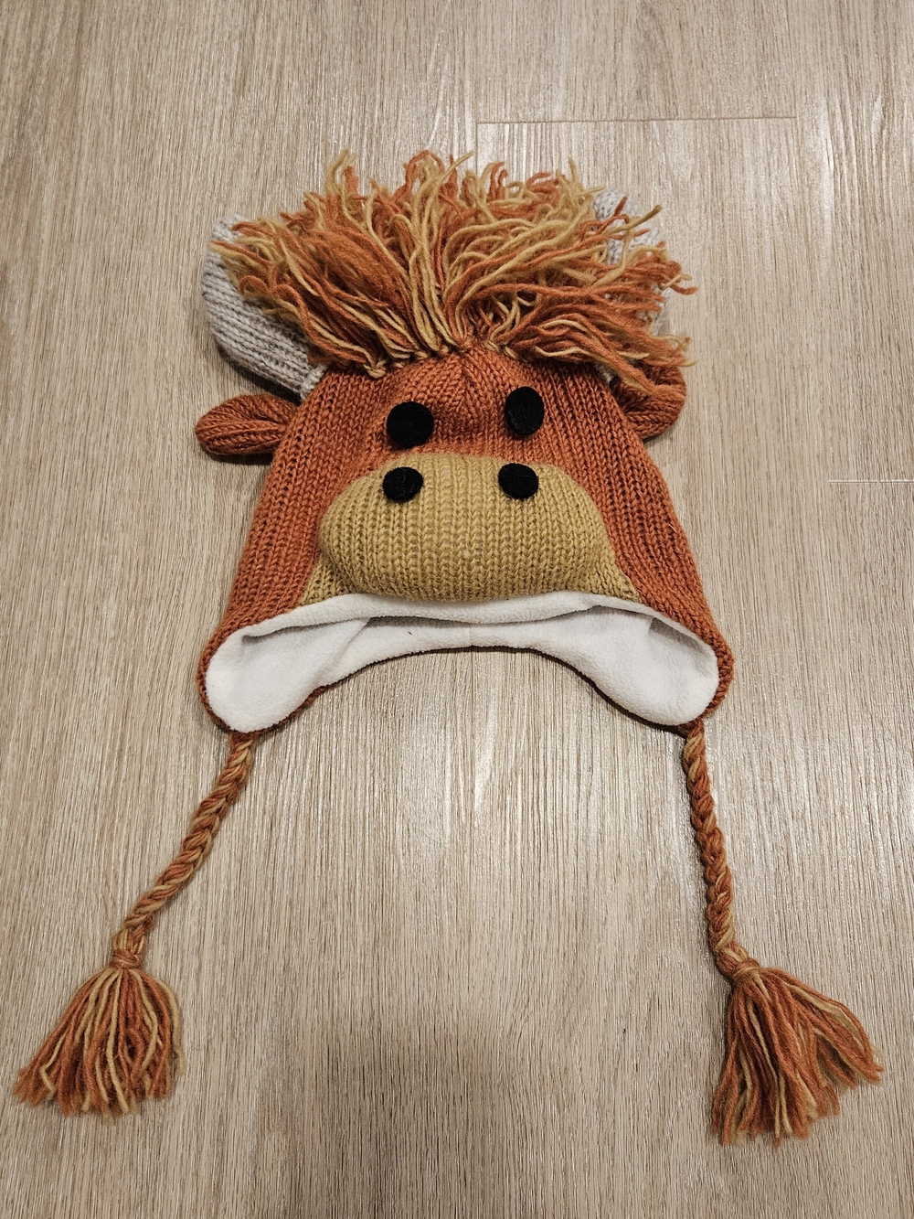 Hand Made 100% Wool Fleexe Lined Highland Cow Ear Flat Hat Beanie